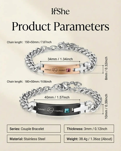 Bracelets Couple – Battement de cœur ECG gravé, acier inoxydable, lot de 2 assortis, cadeau pour couple