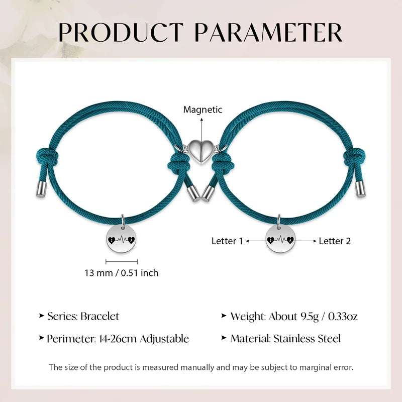 Bracelets Couple Battement de Cœur – Duo Magnétique avec Initiales, Acier Inoxydable, 2 Pièces, Cadeau d'Anniversaire
