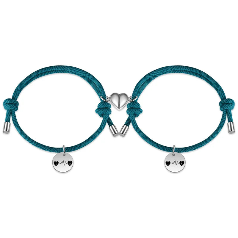 Bracelets Couple Battement de Cœur – Duo Magnétique avec Initiales, Acier Inoxydable, 2 Pièces, Cadeau d'Anniversaire