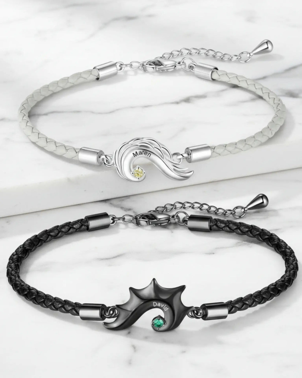 Bracelets Couple – Cœur Séparable Ailes de Dragon et d'Ange, Cuir, Prénom Gravé et Pierre de Naissance, Cadeau pour Couple