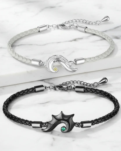 Bracelets Couple – Cœur Séparable Ailes de Dragon et d'Ange, Cuir, Prénom Gravé et Pierre de Naissance, Cadeau pour Couple