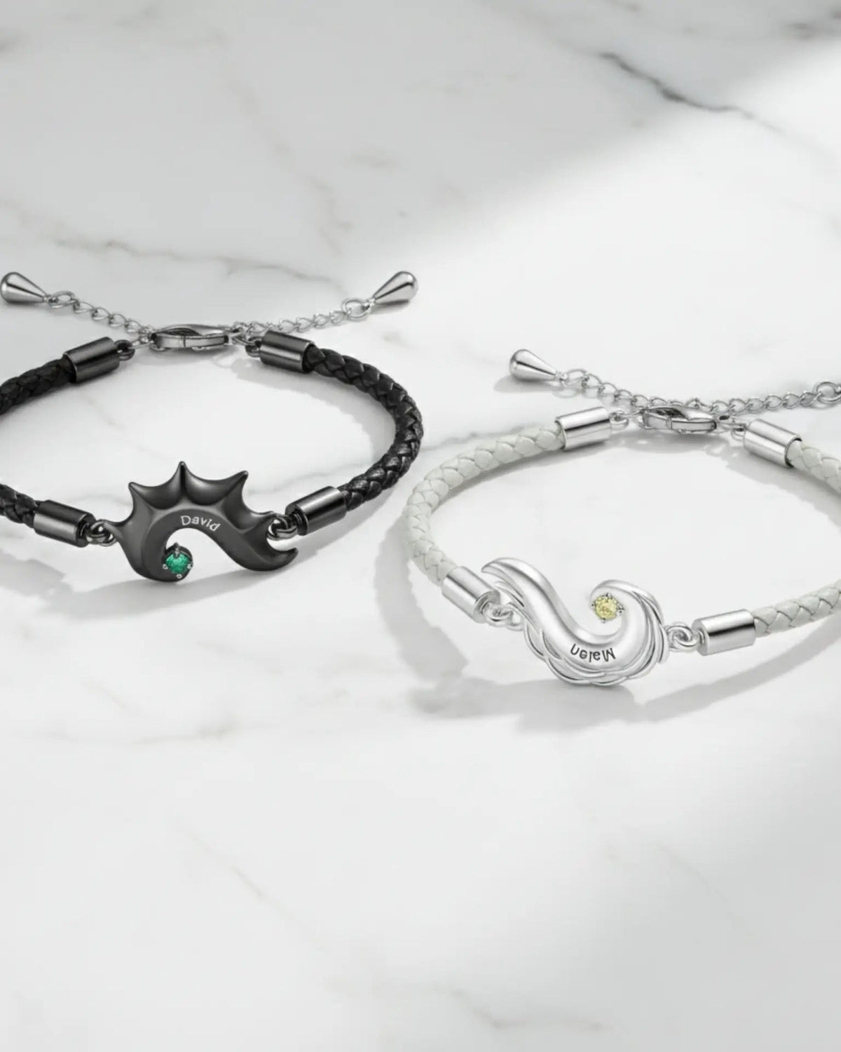 Bracelets Couple – Cœur Séparable Ailes de Dragon et d'Ange, Cuir, Prénom Gravé et Pierre de Naissance, Cadeau pour Couple