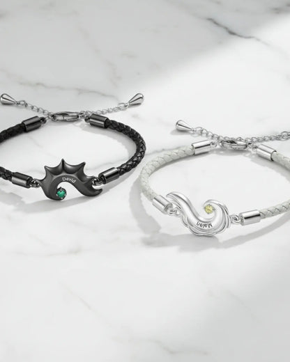 Bracelets Couple – Cœur Séparable Ailes de Dragon et d'Ange, Cuir, Prénom Gravé et Pierre de Naissance, Cadeau pour Couple