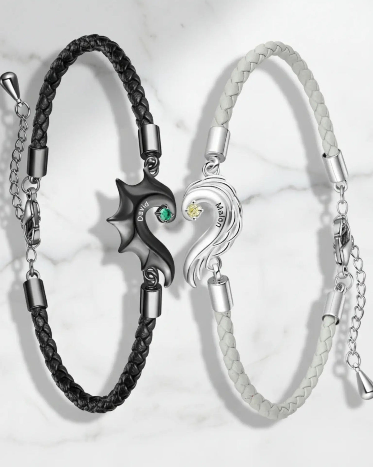 Bracelets Couple – Cœur Séparable Ailes de Dragon et d'Ange, Cuir, Prénom Gravé et Pierre de Naissance, Cadeau pour Couple