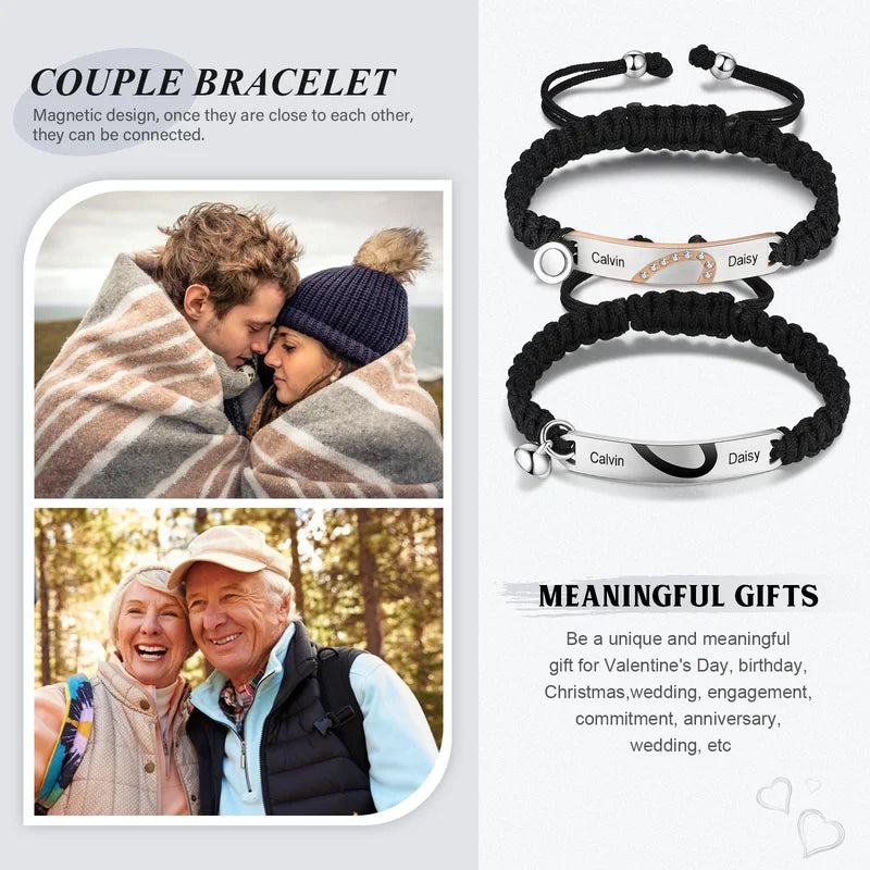 Bracelets Couple – Cœurs Aimantés avec Prénoms Gravés, Acier Inoxydable, Lot de 2, Cadeau pour Couple