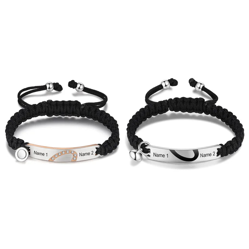 Bracelets Couple – Cœurs Aimantés avec Prénoms Gravés, Acier Inoxydable, Lot de 2, Cadeau pour Couple