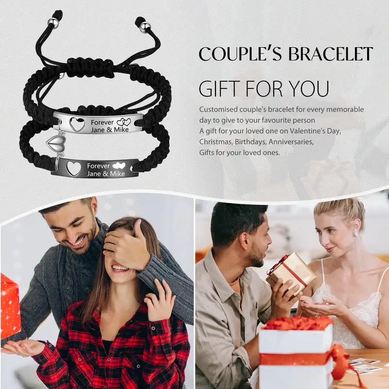 Bracelets Couple – Duo Gravé Noir et Argenté en Acier Inoxydable, Lot de 2, Cadeau d'Anniversaire pour Lui et Elle