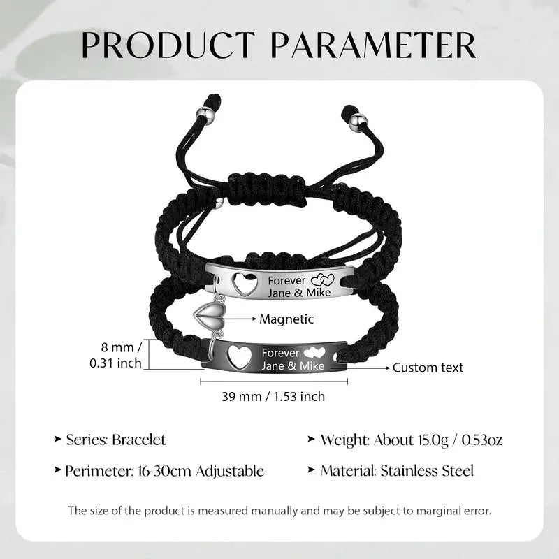 Bracelets Couple – Duo Gravé Noir et Argenté en Acier Inoxydable, Lot de 2, Cadeau d'Anniversaire pour Lui et Elle