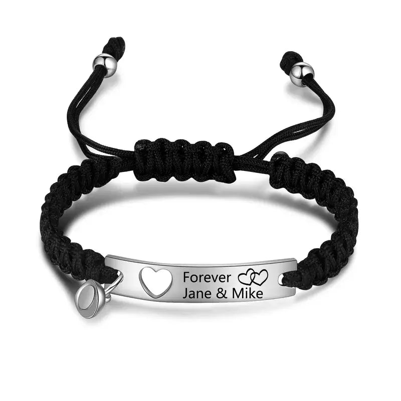 Bracelets Couple – Duo Gravé Noir et Argenté en Acier Inoxydable, Lot de 2, Cadeau d'Anniversaire pour Lui et Elle