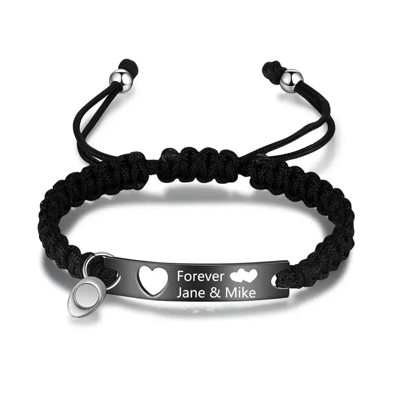Bracelets Couple – Duo Gravé Noir et Argenté en Acier Inoxydable, Lot de 2, Cadeau d'Anniversaire pour Lui et Elle