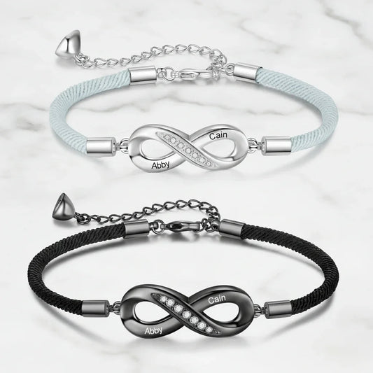 Bracelets Couple – Symbole infini gravé avec vos prénoms, lot de 2, cadeau pour couple, anniversaire de mariage