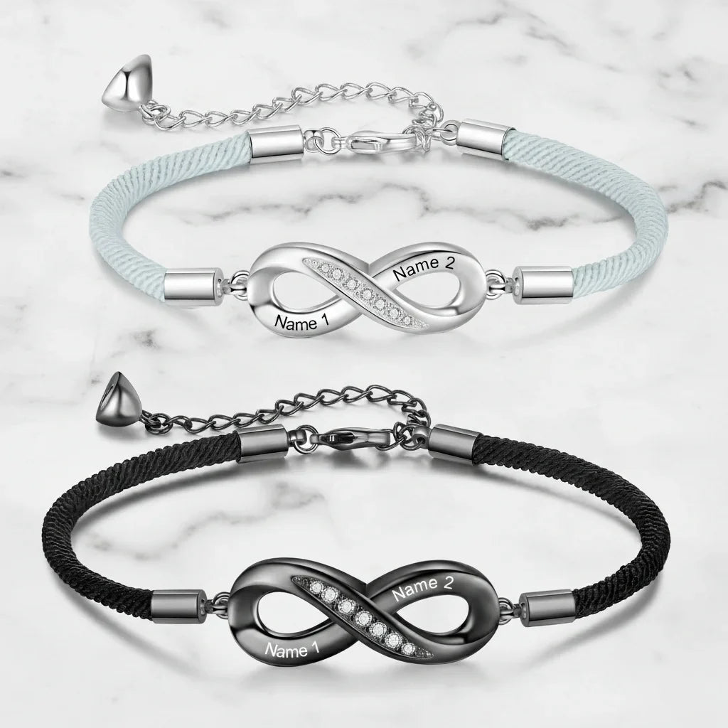 Bracelets Couple – Symbole infini gravé avec vos prénoms, lot de 2, cadeau pour couple, anniversaire de mariage