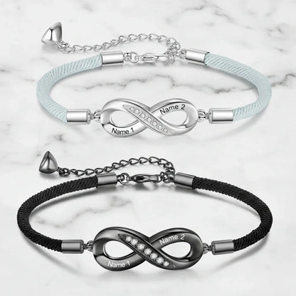 Bracelets Couple – Symbole infini gravé avec vos prénoms, lot de 2, cadeau pour couple, anniversaire de mariage