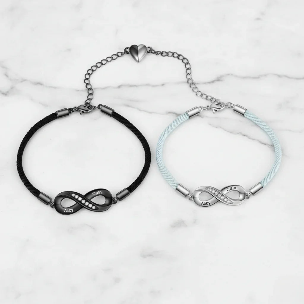 Bracelets Couple – Symbole infini gravé avec vos prénoms, lot de 2, cadeau pour couple, anniversaire de mariage