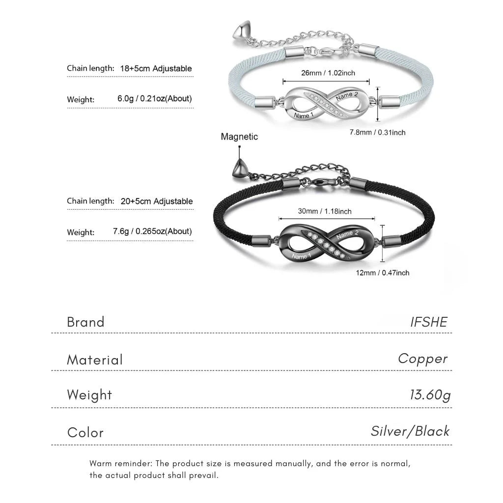 Bracelets Couple – Symbole infini gravé avec vos prénoms, lot de 2, cadeau pour couple, anniversaire de mariage