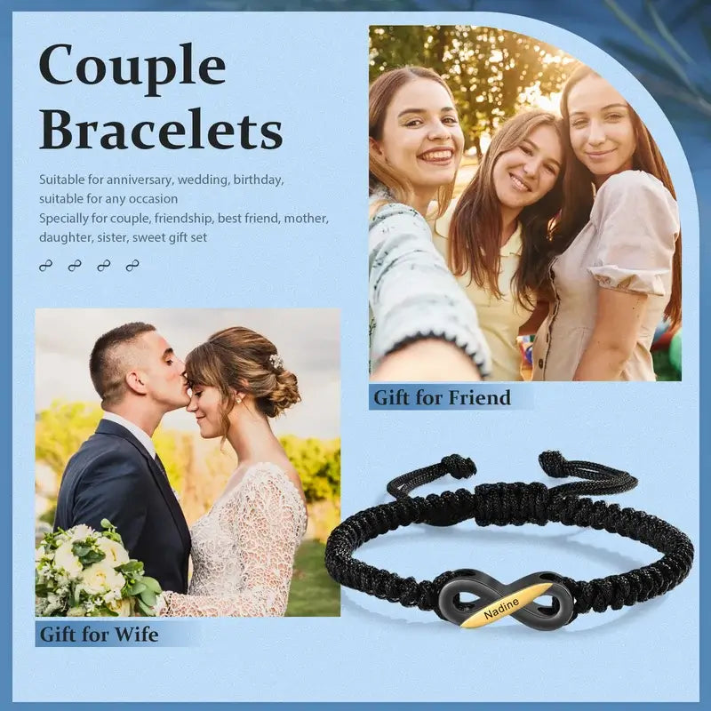 Bracelets Couple – Set de 2 bracelets infini noirs personnalisés avec prénoms, ajustables, cadeau pour Elle et Lui