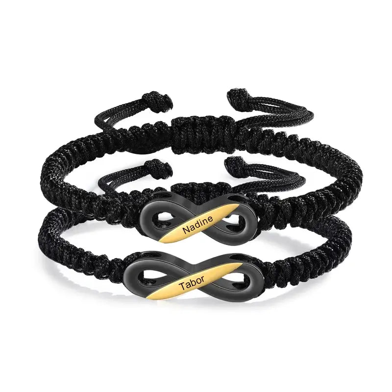 Bracelets Couple – Set de 2 bracelets infini noirs personnalisés avec prénoms, ajustables, cadeau pour Elle et Lui