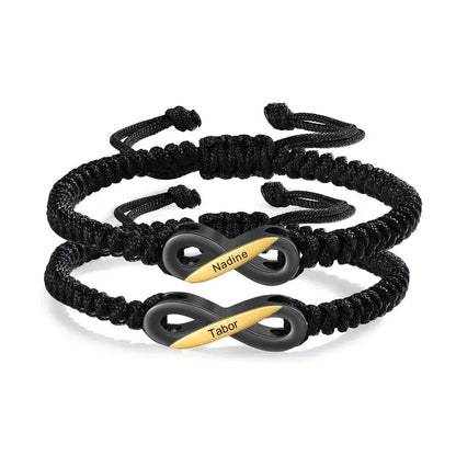 Bracelets Couple – Set de 2 bracelets infini noirs personnalisés avec prénoms, ajustables, cadeau pour Elle et Lui