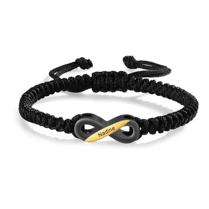 Bracelets Couple – Set de 2 bracelets infini noirs personnalisés avec prénoms, ajustables, cadeau pour Elle et Lui