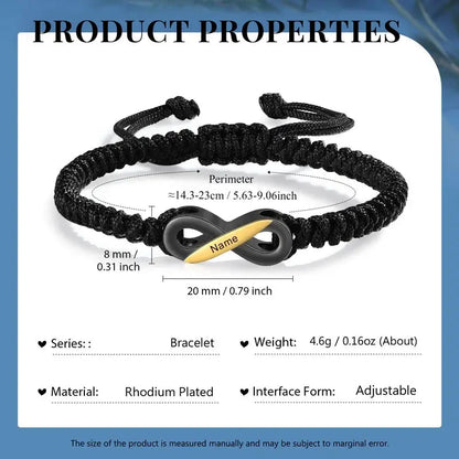 Bracelets Couple – Set de 2 bracelets infini noirs personnalisés avec prénoms, ajustables, cadeau pour Elle et Lui
