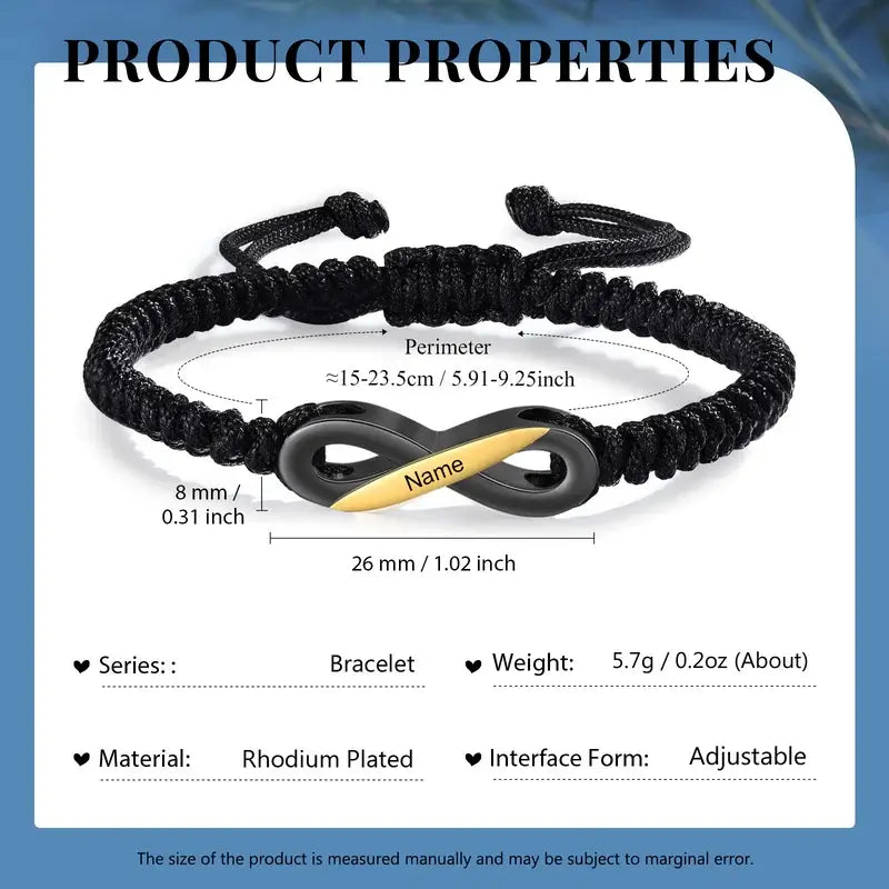 Bracelets Couple – Set de 2 bracelets infini noirs personnalisés avec prénoms, ajustables, cadeau pour Elle et Lui