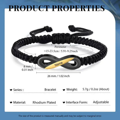 Bracelets Couple – Set de 2 bracelets infini noirs personnalisés avec prénoms, ajustables, cadeau pour Elle et Lui