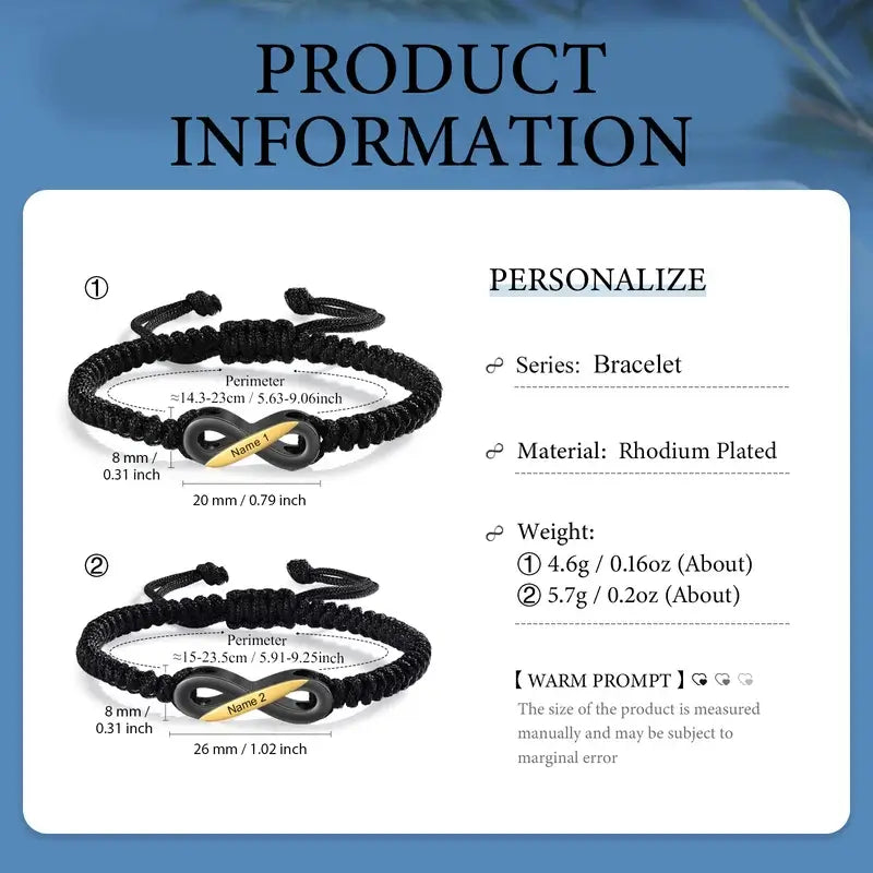 Bracelets Couple – Set de 2 bracelets infini noirs personnalisés avec prénoms, ajustables, cadeau pour Elle et Lui