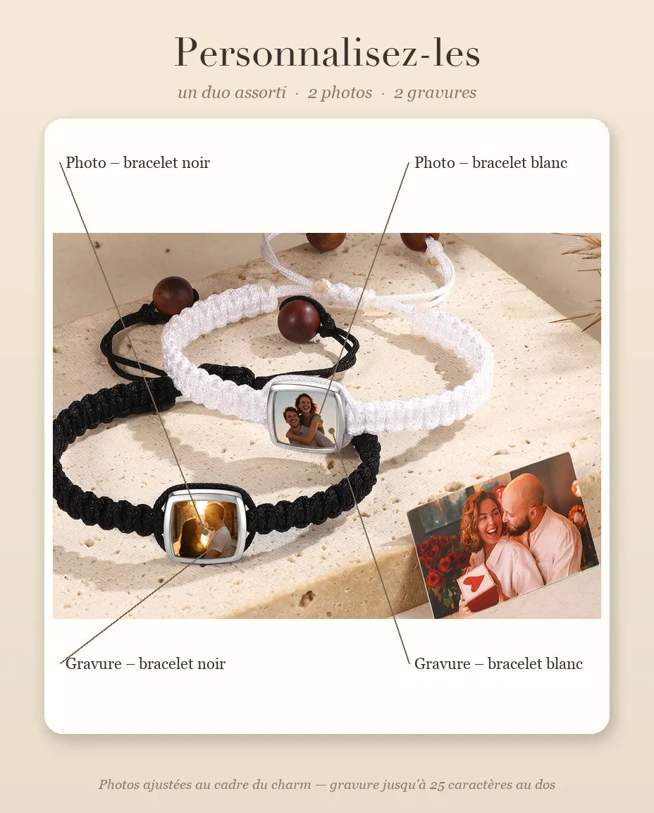 Guide de personnalisation des bracelets de couple avec photo et gravure