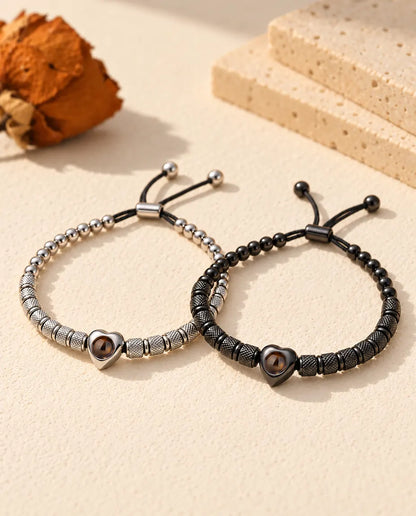 Bracelets couple photo projection personnalisés, lot de 2 bracelets à perle cœur, argenté et noir