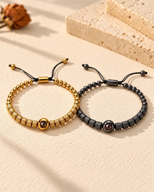 Bracelets couple photo projection personnalisés, lot de 2 bracelets de perles texturées, doré et noir