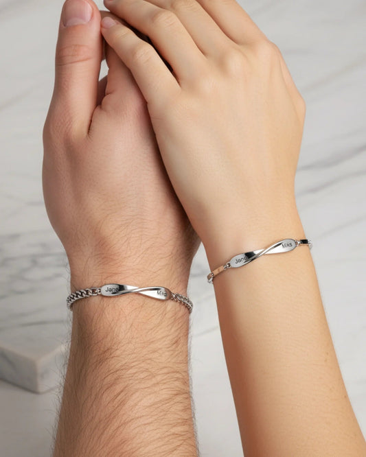 Bracelets Couple – Set de 2 bracelets assortis avec plaque infini gravée de vos prénoms ou d'une date, cadeau pour couple