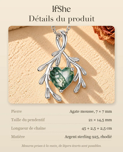 Collier Agate Mousse Cœur et Branches en Argent 925 - détails du produit : pierres, taille du pendentif, longueur de chaîne et matière