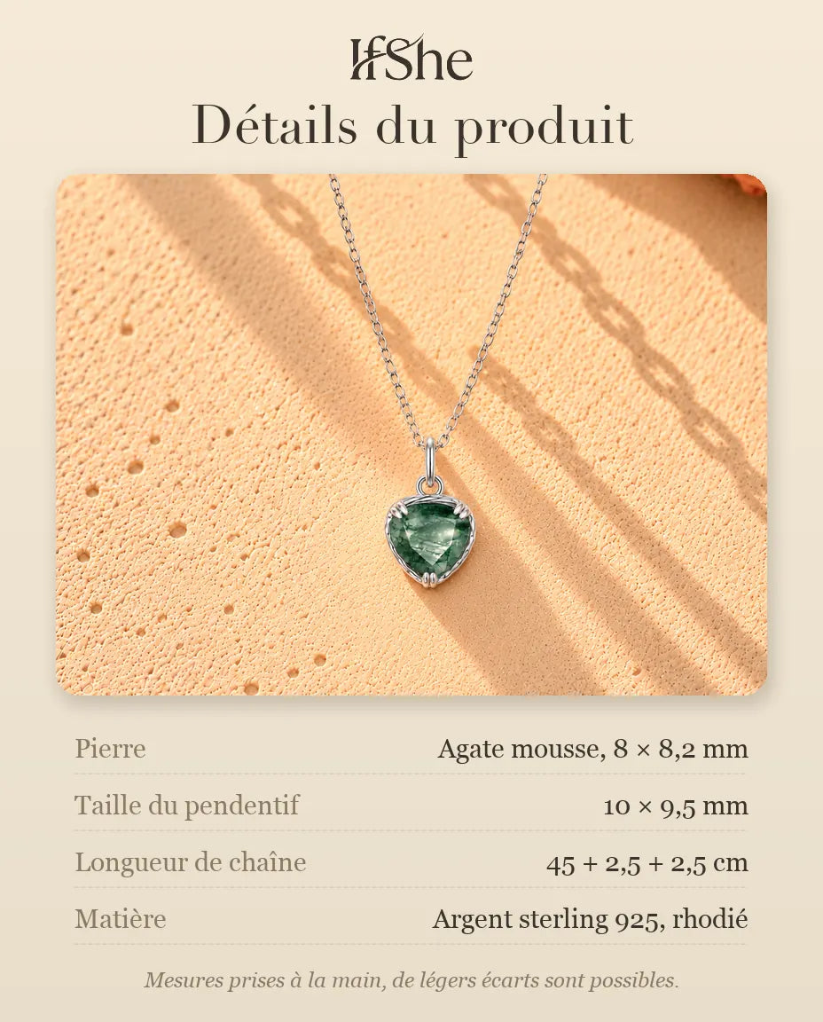 Collier Pendentif Cœur Agate Mousse en Argent 925 - détails du produit : pierres, taille du pendentif, longueur de chaîne et matière