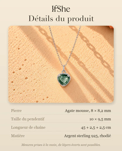 Collier Pendentif Cœur Agate Mousse en Argent 925 - détails du produit : pierres, taille du pendentif, longueur de chaîne et matière