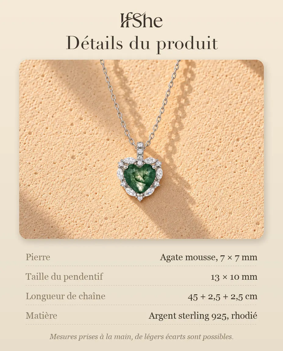 Collier Agate Mousse Cœur Halo en Argent 925 - détails du produit : pierres, taille du pendentif, longueur de chaîne et matière