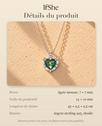 Collier Agate Mousse Cœur Halo en Argent 925 - détails du produit : pierres, taille du pendentif, longueur de chaîne et matière