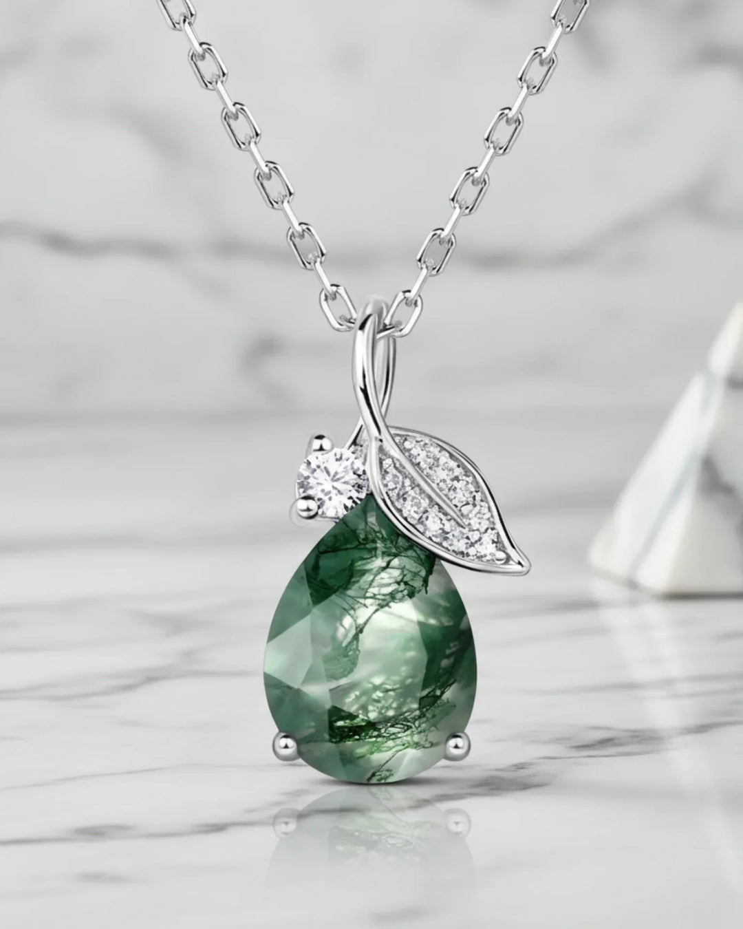 Collier Agate Mousse – Pendentif Goutte, Feuille et Zircon, Argent 925, Pierre Verte Naturelle, Cadeau pour Elle