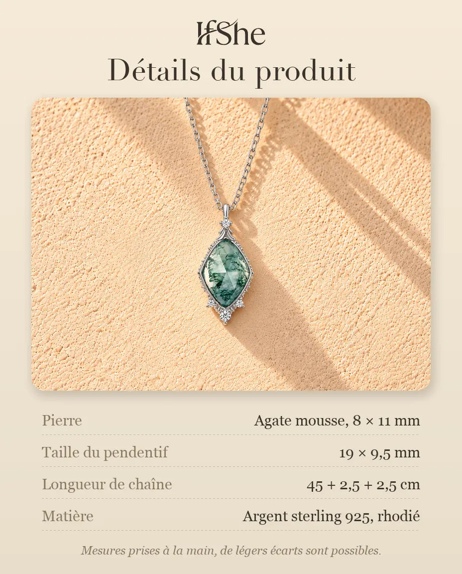 Collier Agate Mousse Losange en Argent 925 - détails du produit : pierres, taille du pendentif, longueur de chaîne et matière