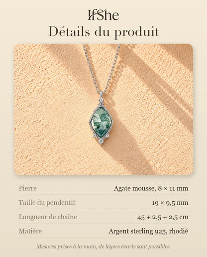 Collier Agate Mousse Losange en Argent 925 - détails du produit : pierres, taille du pendentif, longueur de chaîne et matière