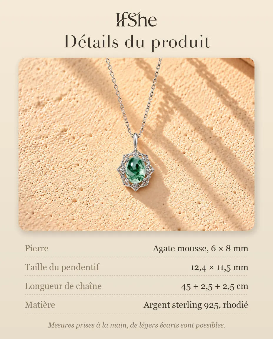 Collier Pendentif Agate Mousse Vintage en Argent 925 - détails du produit : pierres, taille du pendentif, longueur de chaîne et matière