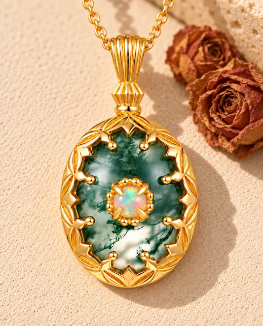 Collier Agate Mousse Ovale en Argent 925 Plaqué Or - posé sur une surface claire texturée près d’un bloc de travertin