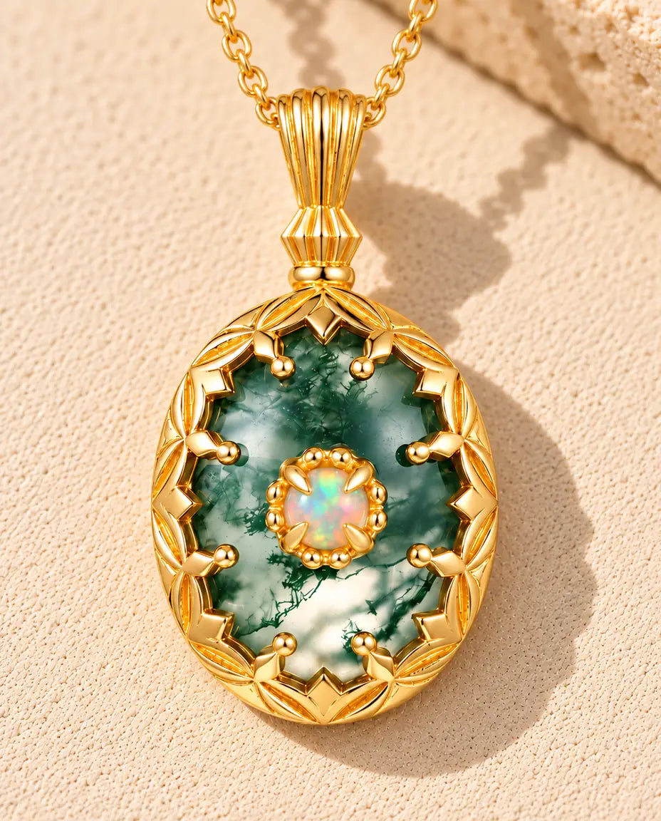 Collier Agate Mousse Ovale en Argent 925 Plaqué Or - posé sur une surface claire texturée près d’un bloc de travertin