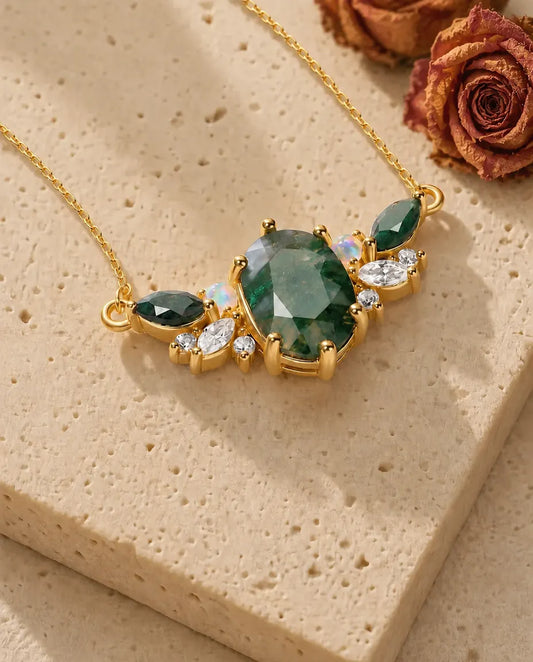 Collier Agate Mousse – Pendentif Grappe Ovale 6x8 mm, Opales et Zircons Marquise, Argent 925 Plaqué Or 10K, Cadeau pour Elle