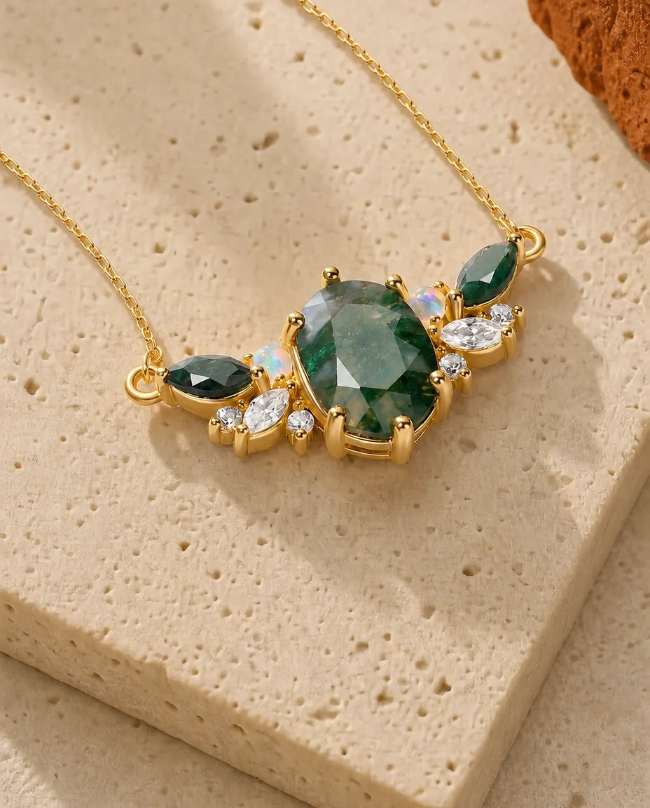 Collier Agate Mousse – Pendentif Grappe Ovale 6x8 mm, Opales et Zircons Marquise, Argent 925 Plaqué Or 10K, Cadeau pour Elle