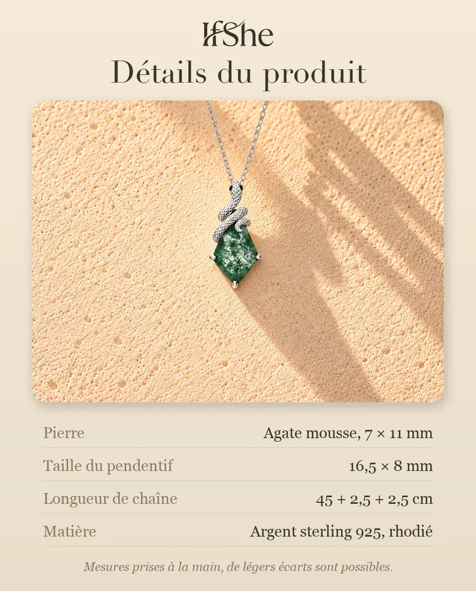 Collier Agate Mousse Serpent en Argent 925 - détails du produit : pierres, taille du pendentif, longueur de chaîne et matière