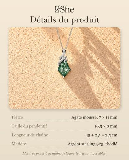Collier Agate Mousse Serpent en Argent 925 - détails du produit : pierres, taille du pendentif, longueur de chaîne et matière