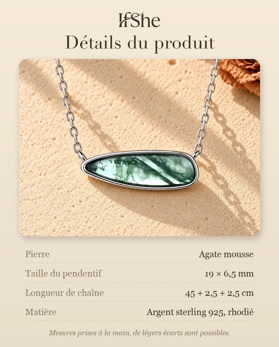 Collier Barrette Agate Mousse en Argent 925 - détails du produit : pierres, taille du pendentif, longueur de chaîne et matière