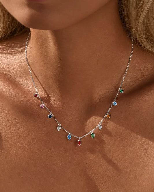 Collier à Breloques Multicolores en Argent 925 – Onze Zircones Colorées Rondes et en Goutte sur une Fine Chaîne, Collier Délicat à Superposer