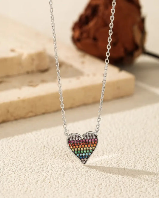 Collier Cœur Arc-en-ciel - pendentif pavé en dégradé de zircons, chaîne 40+5 cm, argent 925