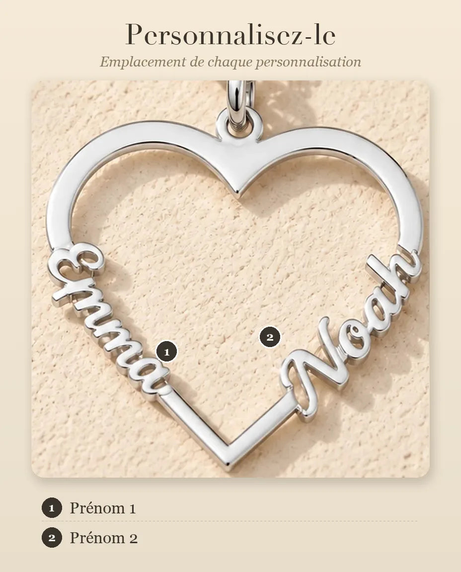 Collier Cœur Deux Prénoms en Argent Sterling 925 - guide de personnalisation : emplacement du prénom